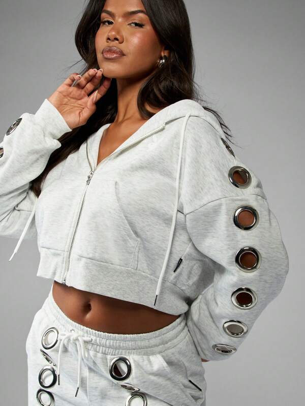 Missguided Missguided X Playboy Heather Zip Through Hoodie With Eyelet Detail