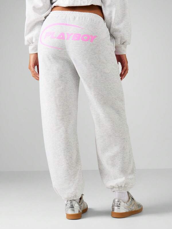 Missguided Missguided X Playboy Heathered Graphic Cuffed Joggers With Motorsports Print