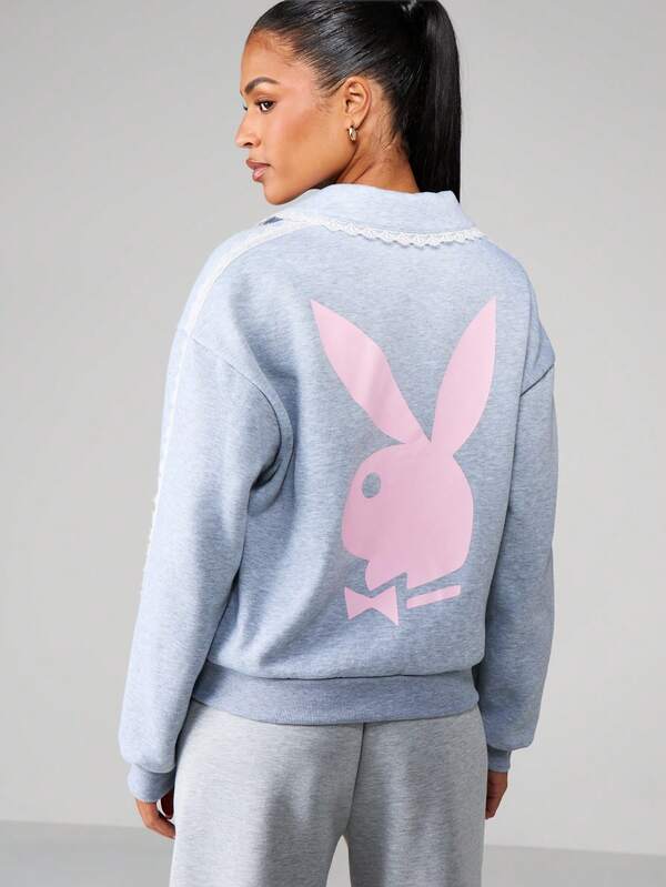 Missguided Missguided X Playboy Heathered Sweatshirt With Lace Trim And Pocket