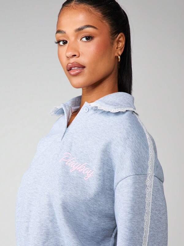 Missguided Missguided X Playboy Heathered Sweatshirt With Lace Trim And Pocket