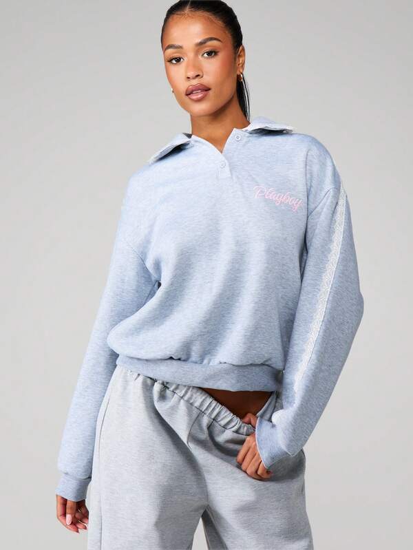 missguided Missguided x Playboy Heathered Sweatshirt With Lace Trim And Pocket