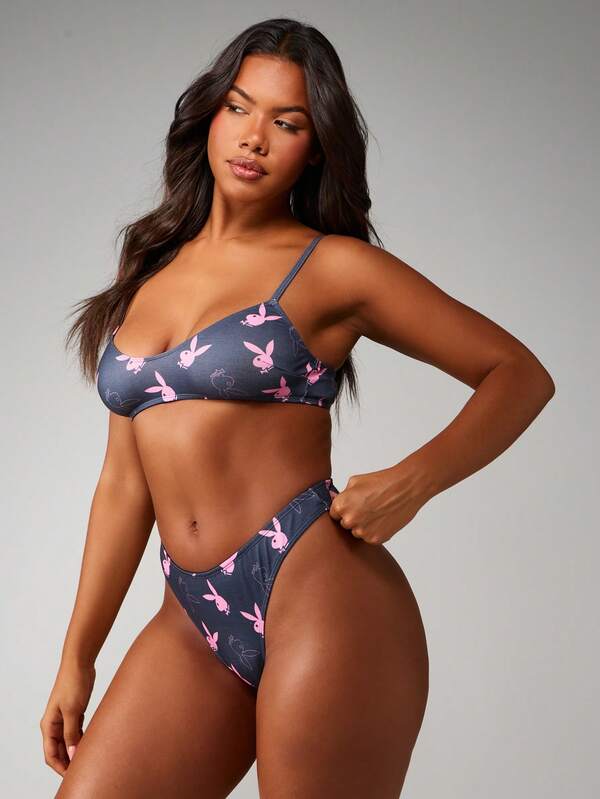 missguided Missguided x Playboy High Cut Thong With Bunny Print