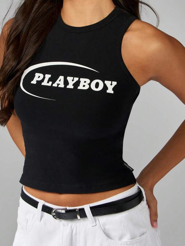 missguided Missguided x Playboy High Neck Crop Tank With Logo Print