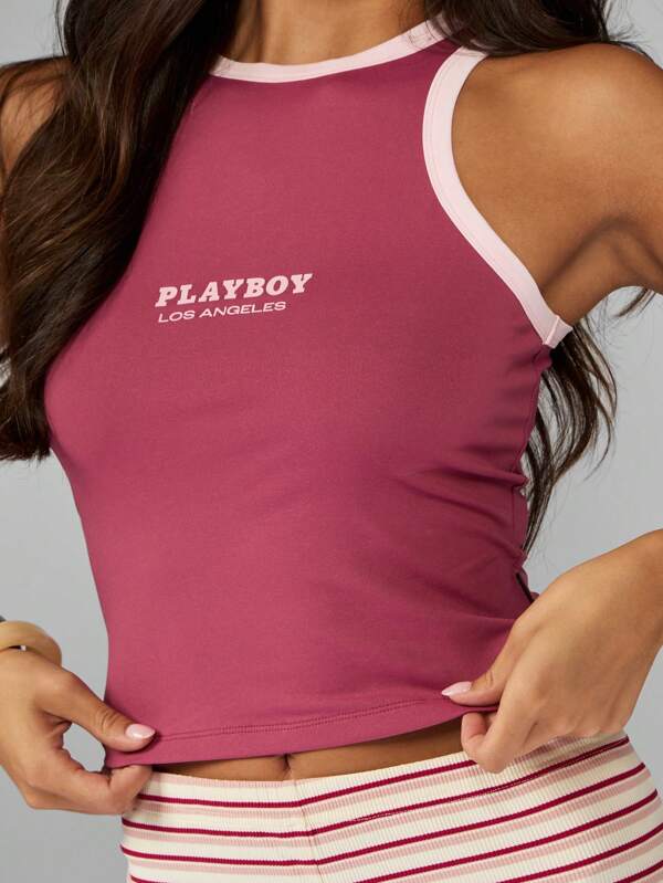 missguided Missguided x Playboy High Neck Racer Back Crop Tank With Stripe Detail