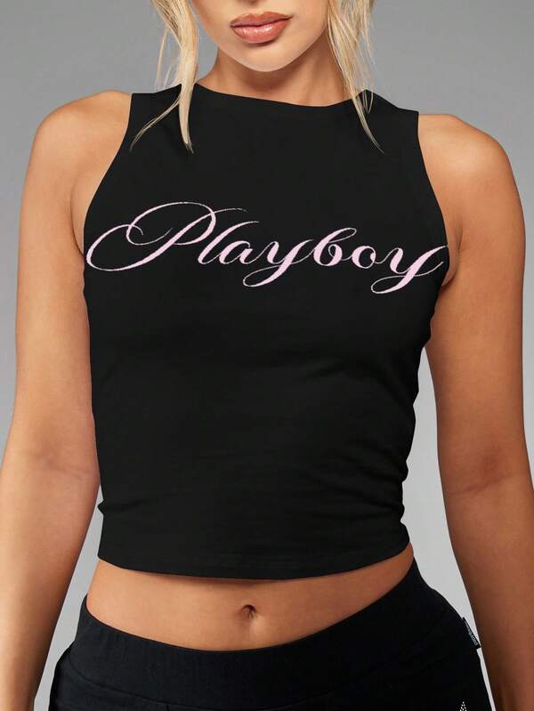 missguided Missguided x Playboy High Neck Racerback Crop Tank With Script Logo