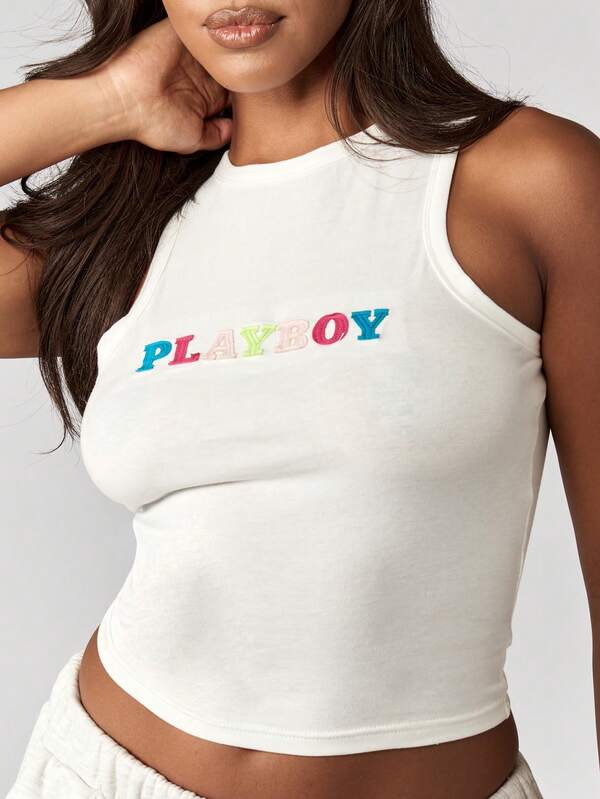 missguided Missguided x Playboy High Neck Rainbow Letter Sleeveless Crop Tank