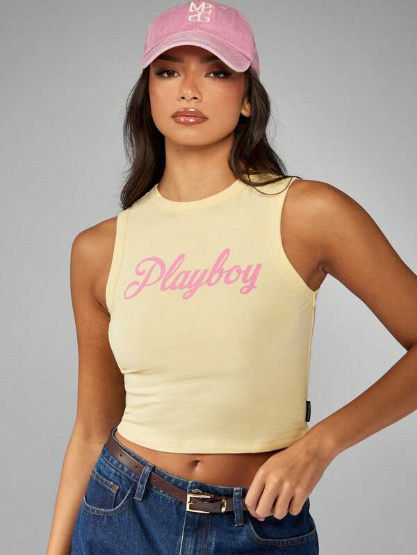 Missguided Missguided X Playboy High Neck Sleeveless Crop Tank With Brand Logo