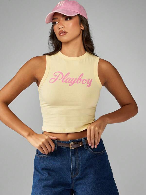 missguided Missguided x Playboy High Neck Sleeveless Crop Tank With Brand Logo