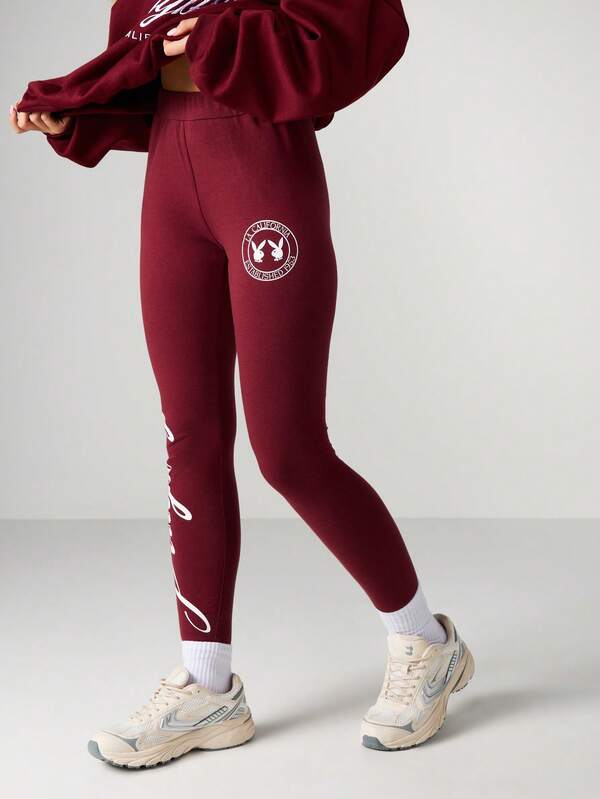 Missguided Missguided X Playboy High Rise Burgundy Leggings With Script Graphics