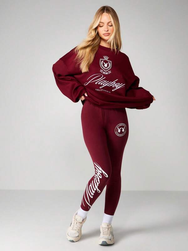Missguided Missguided X Playboy High Rise Burgundy Leggings With Script Graphics