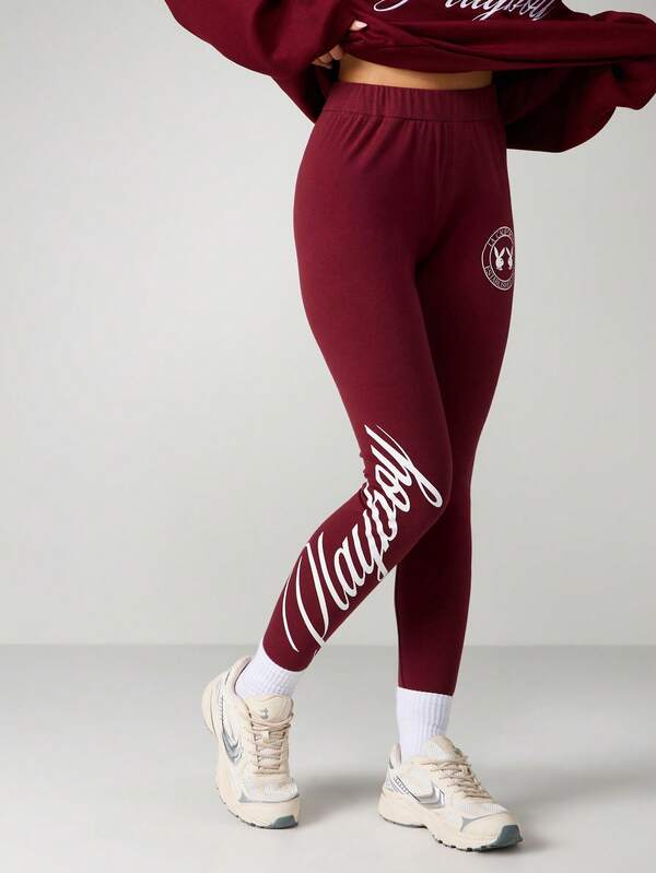 missguided Missguided x Playboy High Rise Burgundy Leggings With Script Graphics