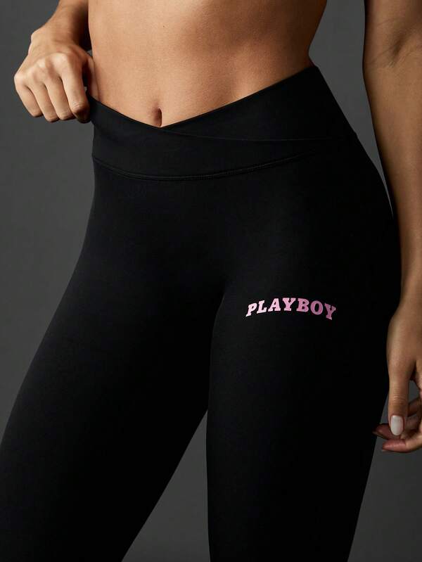 Missguided Missguided X Playboy High Rise Compression Leggings With Logo Print