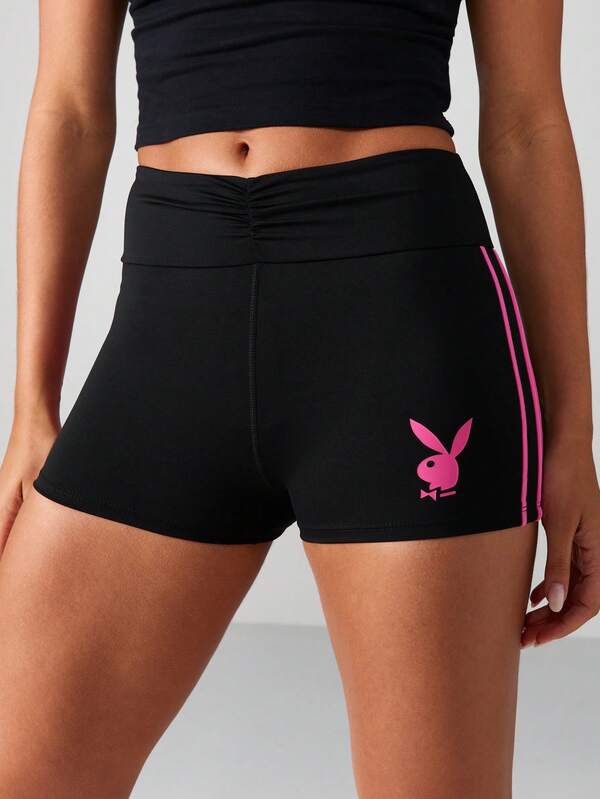 missguided Missguided x Playboy High Rise Ruched Waist Shorts With Side Stripes