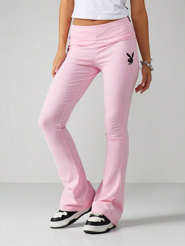 missguided Missguided x Playboy High Waisted Embroidered Flare Pants With Logo