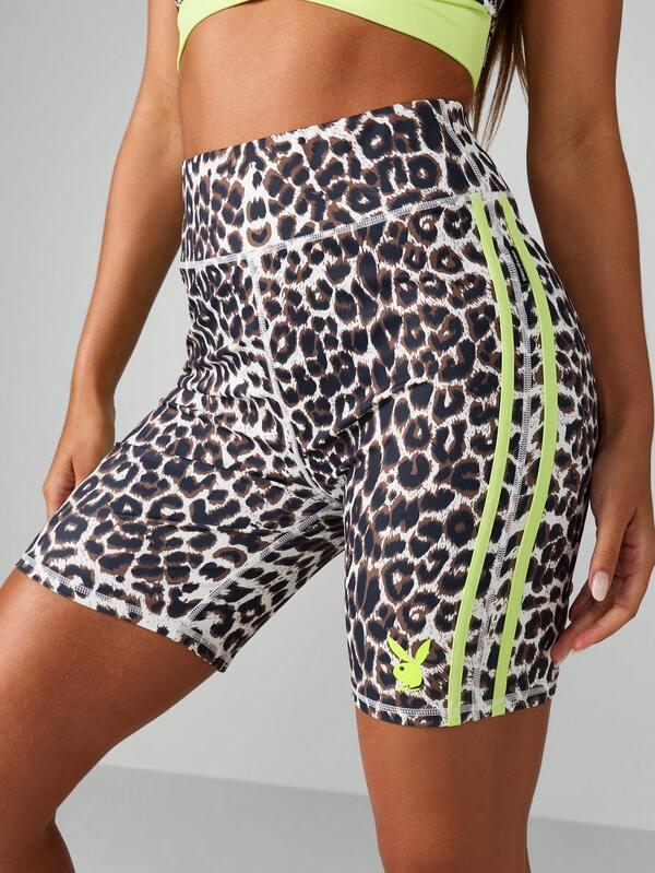 missguided Missguided x Playboy High Waisted Leopard Print Cycling Shorts With Neon Trim