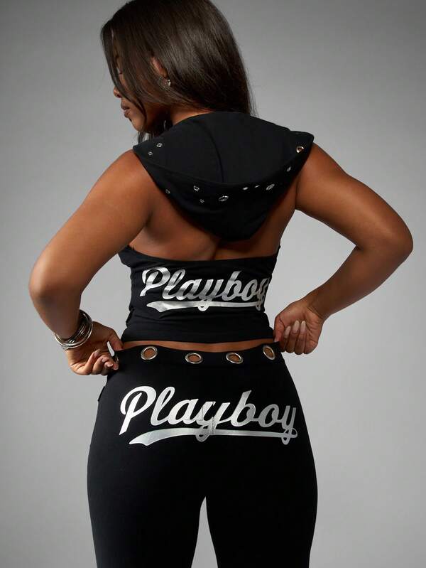 Missguided Missguided X Playboy Hooded Halter Neck Crop Top With Eyelet Details