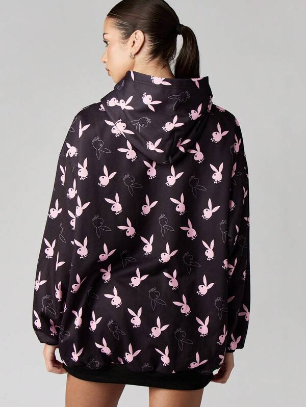 Missguided Missguided X Playboy Hooded Sweatshirt Dress With Allover Bunny Print