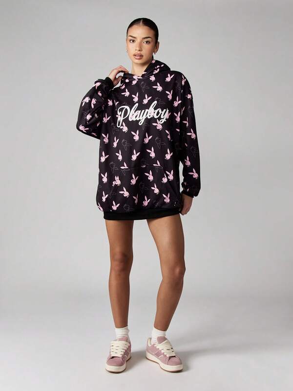 Missguided Missguided X Playboy Hooded Sweatshirt Dress With Allover Bunny Print