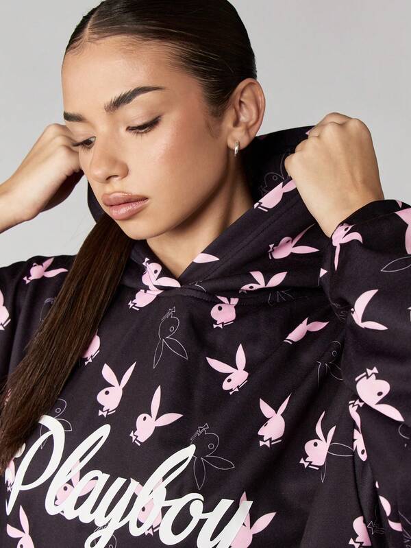 Missguided Missguided X Playboy Hooded Sweatshirt Dress With Allover Bunny Print