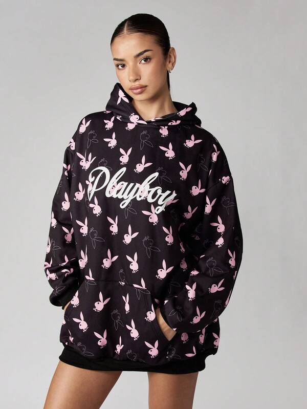 missguided Missguided x Playboy Hooded Sweatshirt Dress With Allover Bunny Print
