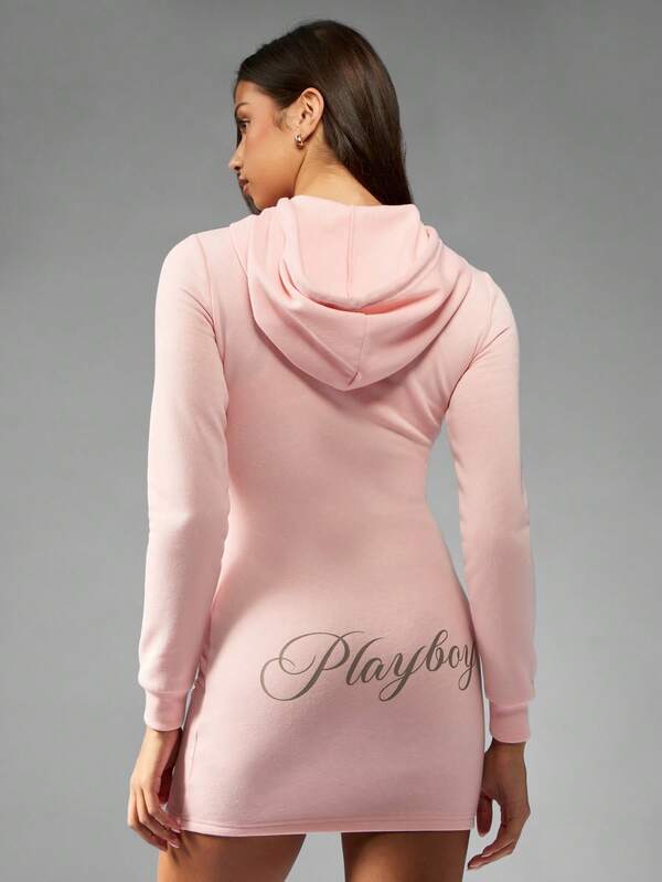 Missguided Missguided X Playboy Hooded Zip Up Bodycon Mini Dress With Bunny Logo