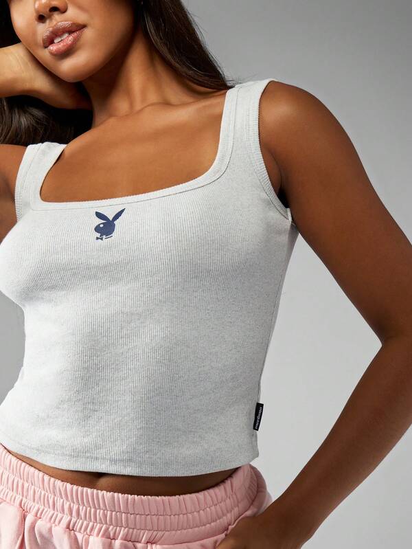 Missguided Missguided X Playboy Iconic Bunny Logo Ribbed Crop Tank Top