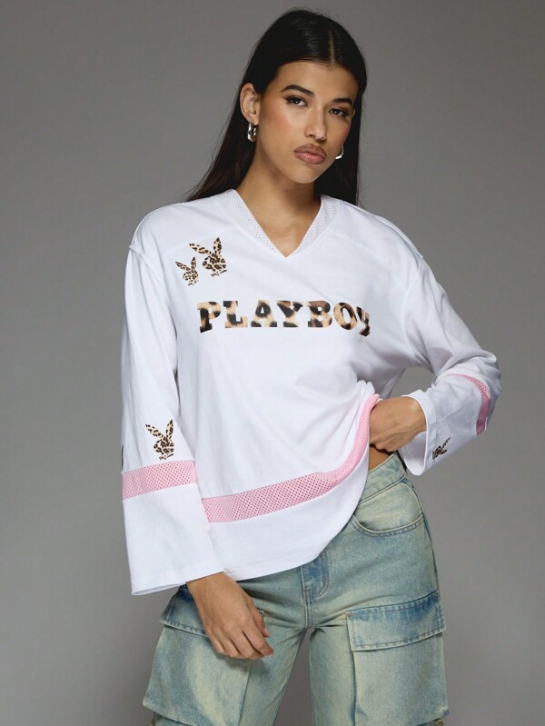 missguided Missguided x Playboy Jersey V Neck T Shirt With Leopard Logo Print