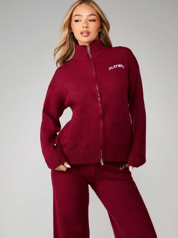 Missguided Missguided X Playboy Knit Zip Up Cardigan With Wide Leg Trousers