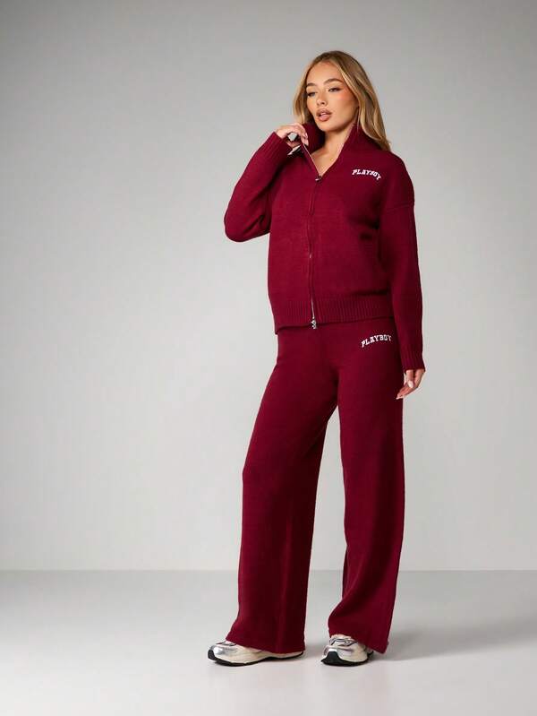 Missguided Missguided X Playboy Knit Zip Up Cardigan With Wide Leg Trousers