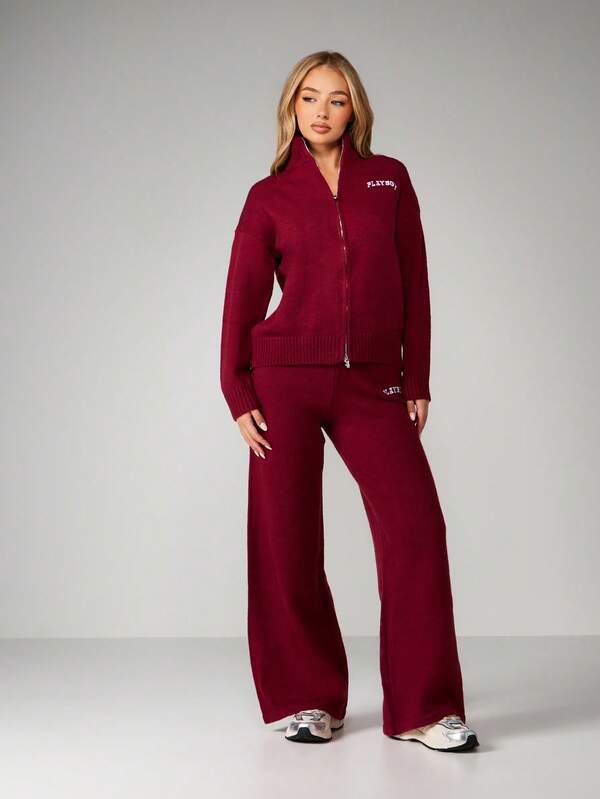 missguided Missguided x Playboy Knit Zip Up Cardigan With Wide Leg Trousers
