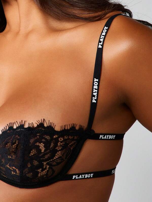 Missguided Missguided X Playboy Lace Bra And Panty Set With Logo Tape