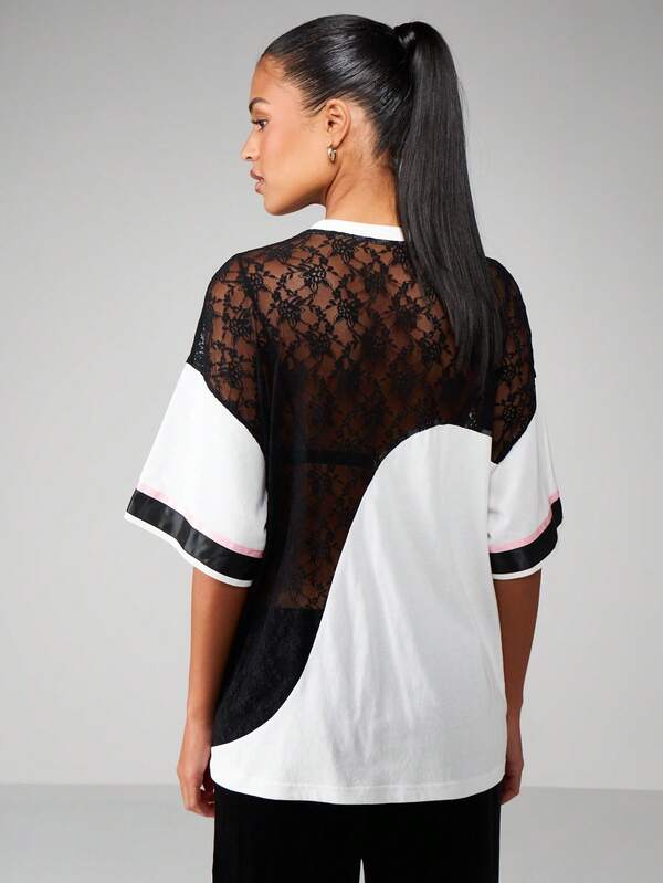 Missguided Missguided X Playboy Lace Mesh Color Block T-Shirt With Bunny Logo