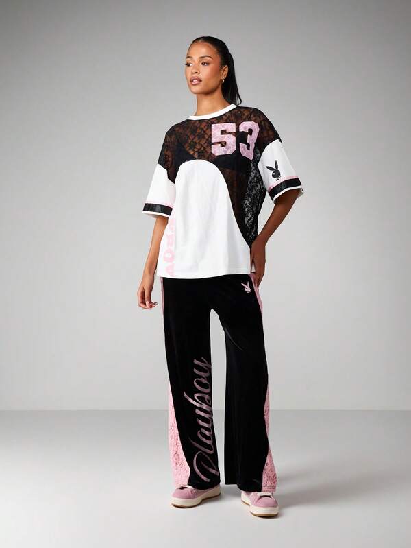 Missguided Missguided X Playboy Lace Mesh Color Block T-Shirt With Bunny Logo