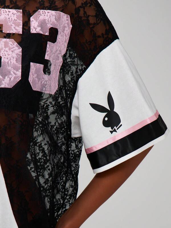 Missguided Missguided X Playboy Lace Mesh Color Block T-Shirt With Bunny Logo