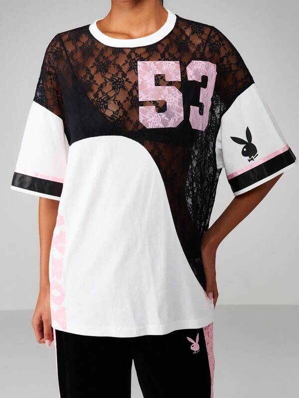 missguided Missguided x Playboy Lace Mesh Color Block T-Shirt With Bunny Logo