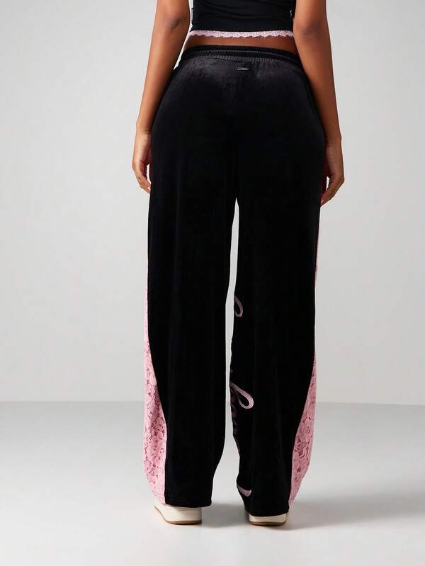 Missguided Missguided X Playboy Lace Panel Velvet Wide Leg Joggers