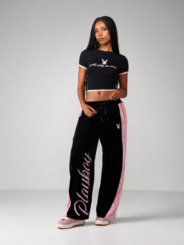 Missguided Missguided X Playboy Lace Panel Velvet Wide Leg Joggers