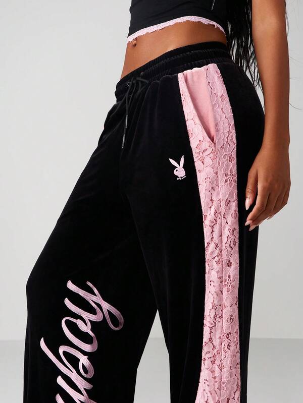Missguided Missguided X Playboy Lace Panel Velvet Wide Leg Joggers