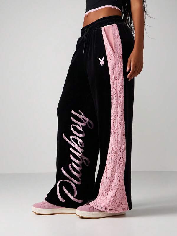 missguided Missguided x Playboy Lace Panel Velvet Wide Leg Joggers