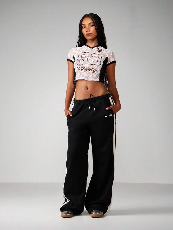 Missguided Missguided X Playboy Lace Panelled Football Baby Tee With Rhinestones