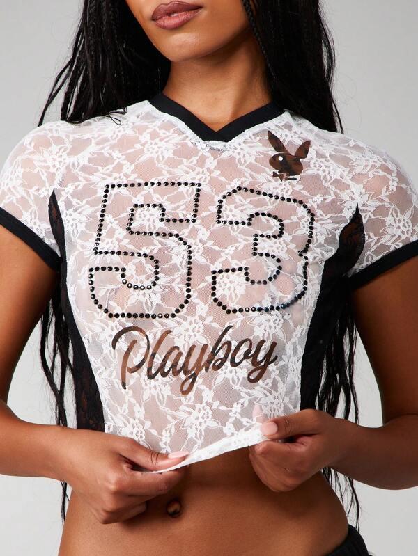 missguided Missguided x Playboy Lace Panelled Football Baby Tee With Rhinestones