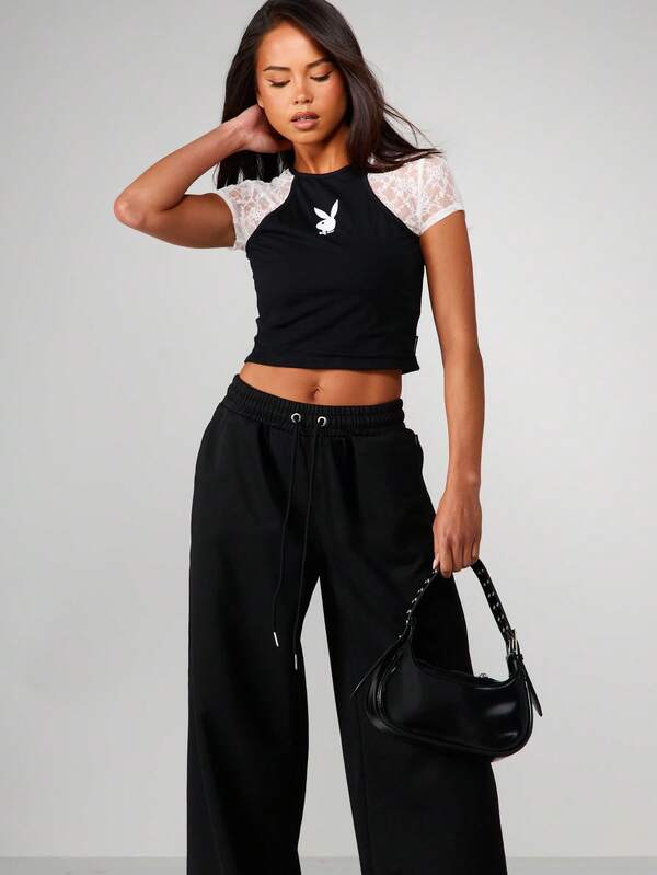 Missguided Missguided X Playboy Lace Sleeve Crop Top With Bunny Print