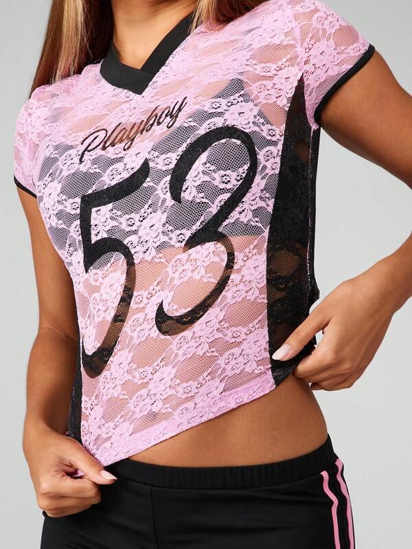 Missguided Missguided X Playboy Lace T-Shirt With Number Print And Black Trim