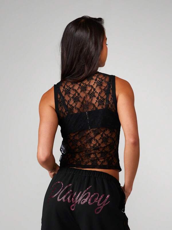 Missguided Missguided X Playboy Lace Tank Top With Rhinestone Logo