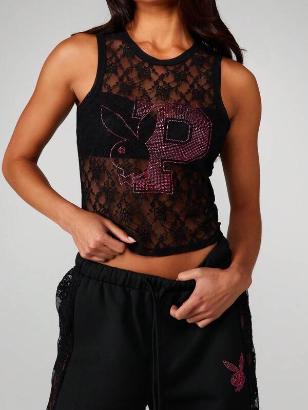 missguided Missguided x Playboy Lace Tank Top With Rhinestone Logo