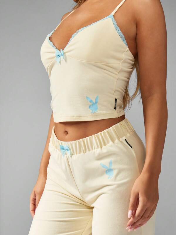 Missguided Missguided X Playboy Lace Trim Cami And Wide Leg Pajama Set With Bow Detail