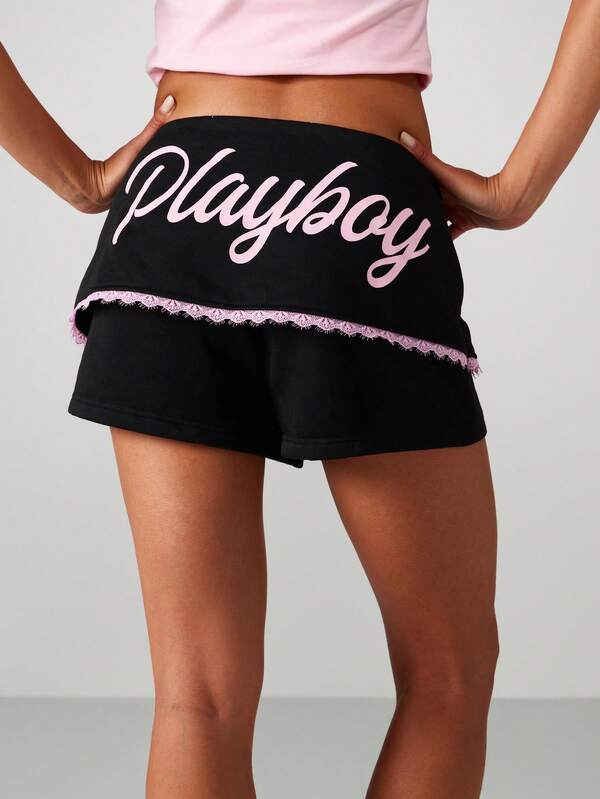Missguided Missguided X Playboy Lace Trim Hot Pants With Bunny Logo