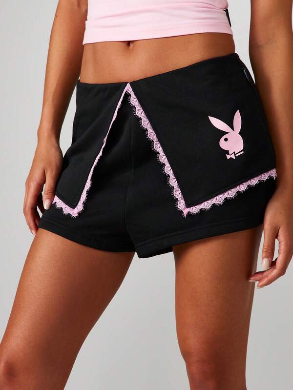 missguided Missguided x Playboy Lace Trim Hot Pants With Bunny Logo