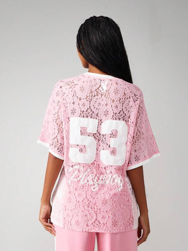 Missguided Missguided X Playboy Lace V-Neck T-Shirt With Number Print