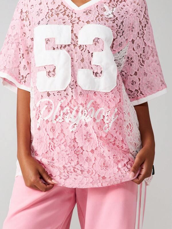 Missguided Missguided X Playboy Lace V-Neck T-Shirt With Number Print